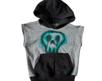 Sudadera sin mangas para jóvenes (tallas YXS-YXL) / Sudadera con capucha de calavera pintada a mano / Sudadera urbana para niños / Top estilo skater punk / Ropa hecha a mano ZLM