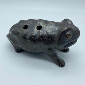 Vintage Mexican Black Clay Toad Flower Frog - Handmade Pottery