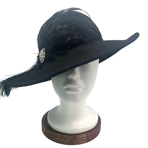 Vtg 40sLancaster Black Wool Cartwheel Hat Wide Brim Feather Rhinestone WPL 4384 Woman main image 4
