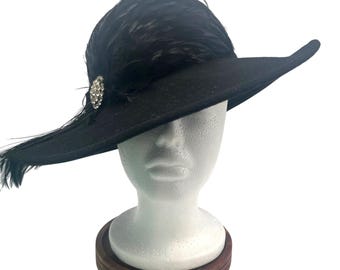 Vtg 40sLancaster Black Wool Cartwheel Hat Wide Brim Feather Rhinestone WPL 4384