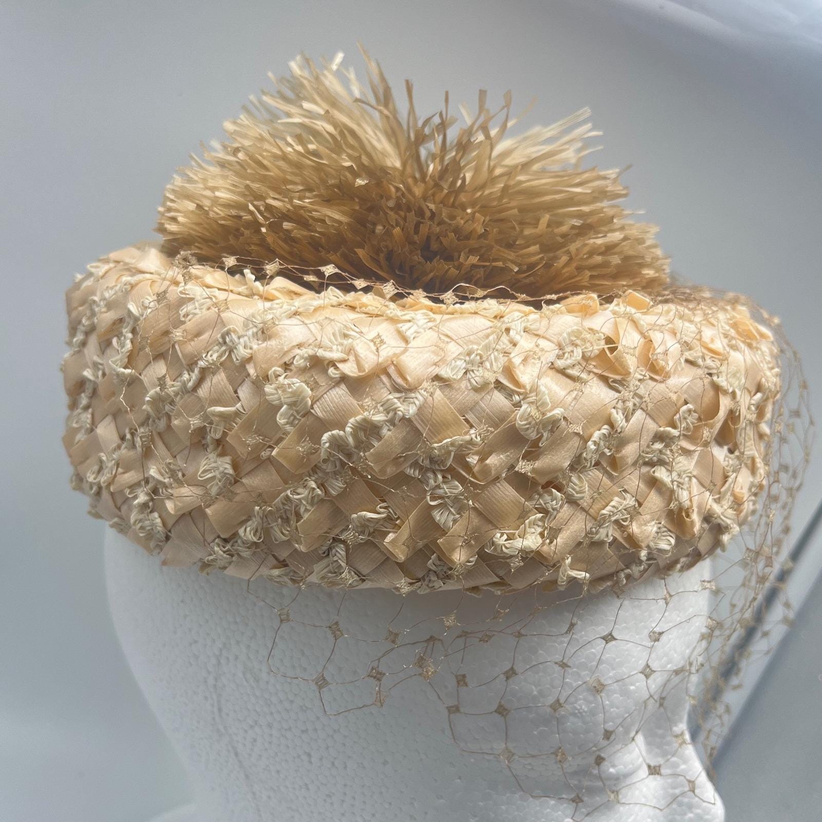 Vintage Cellophane Straw Jean Sutton Pill box Hat Spiky poof on‎ top READ Vintage Cellophane Straw Jean Sutton Pill Box Hat Spiky Poof  main image 2