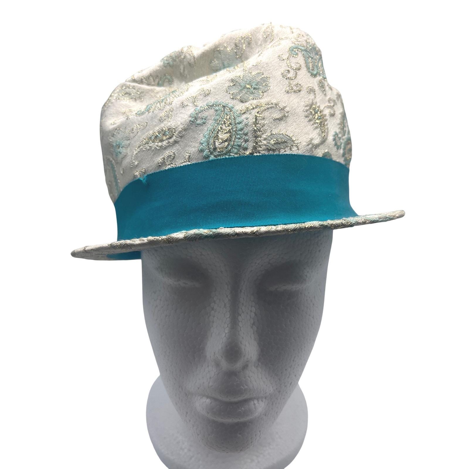 Vintage Cloche Bucket Hat Cream Teal Paisley 40