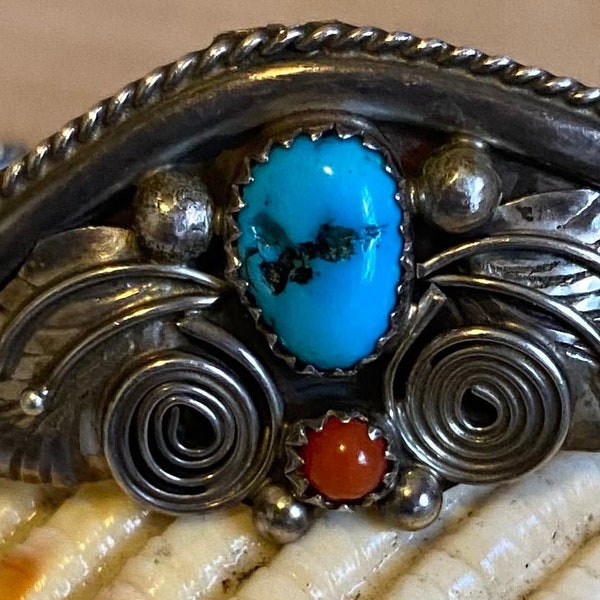 Native American 925 sterling Turquoise and Coral Bangle