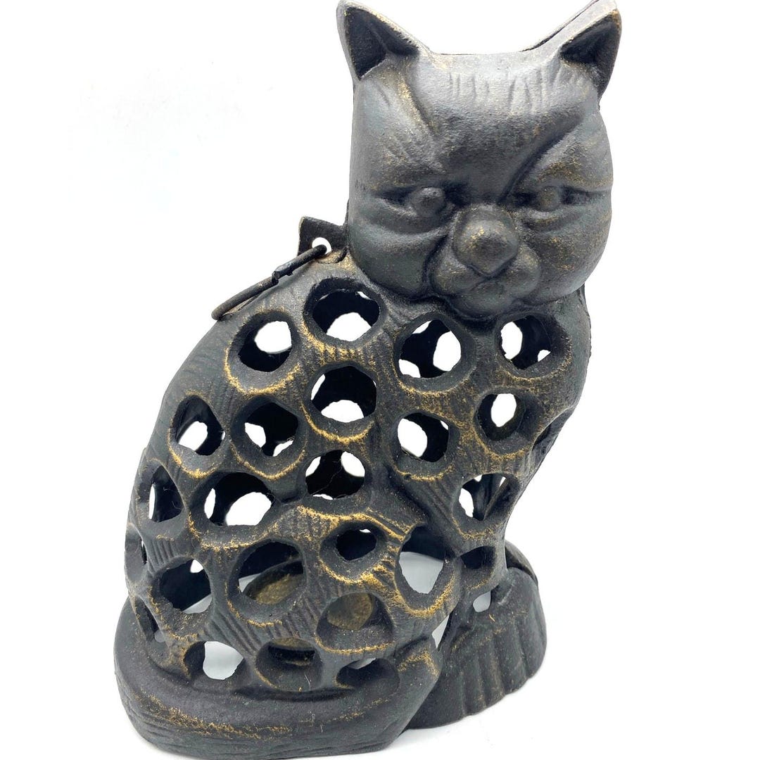VTG Cast Iron Cat Lantern Japan Cast Iron Pouty Cat Lantern