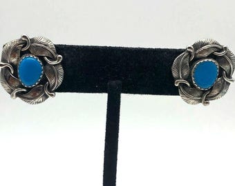 Vintage Old Navajo Sterling Turquoise pierced earrings signed AY