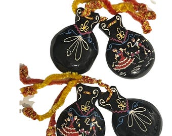 Vintage Hand painted Solid Wood Spanish Castanets Flamenco Castañuelas
