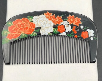 Peineta japonesa vintage estilo Koshi floral lacada en negro, mediados de siglo