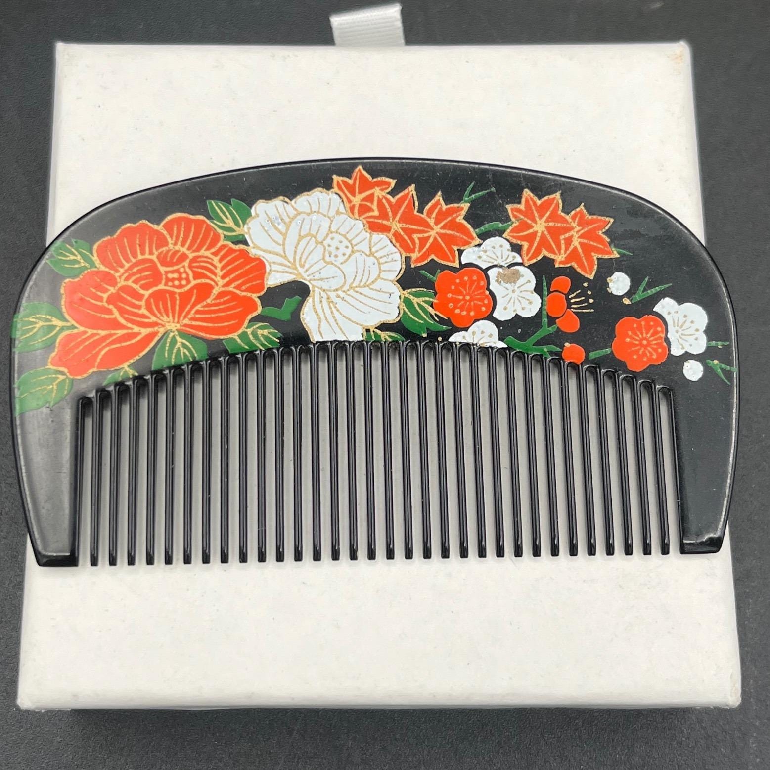 Vintage Japanese Hair Comb Black Lacquer‎ Style Floral  Koshi mid century Antique Japanese Kushi and Kogai Comb Set – Shibui Japanese  main image 4