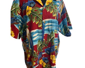 Vintage 90s RJC Hot Rod Tropical Print Cotton Dress Shirt 2XL made in Hawaii