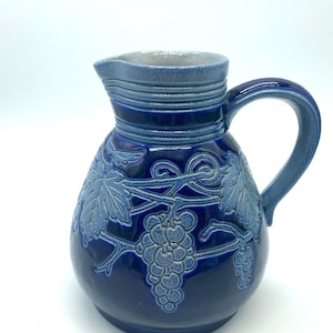Vintage Signed Remy Cobalt Blue Gres D&#39;Alsace Betschdorf French salt glaze pitcher