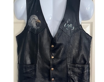 Vtg Leather Biker Vest Airbrushed Eagles in Flight Mountain Sz Med name GAR