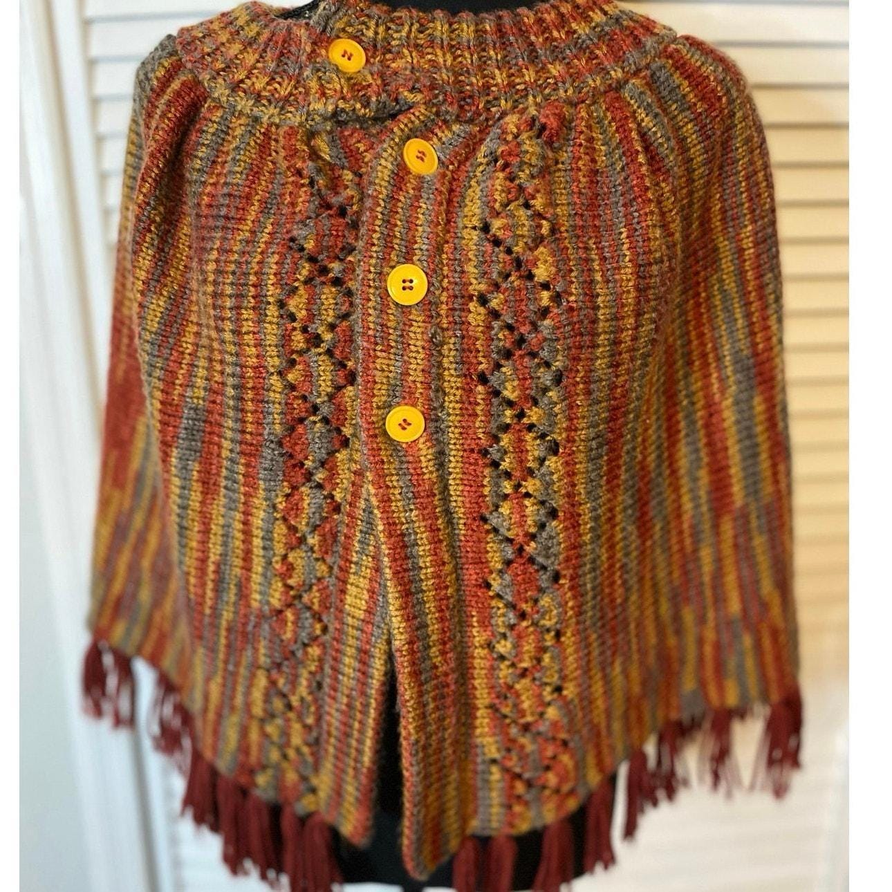 VTG ハンドメイド ニット ボタンアップ ポンチョ、フリンジ 70年代