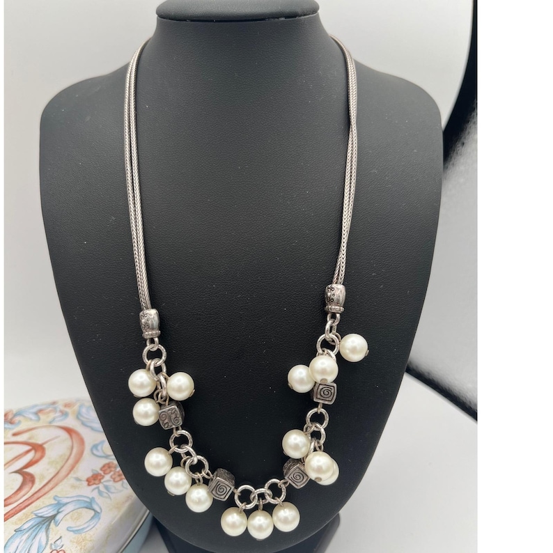 Brighton Mimosa Pearl Beaded Cha Cha style Retired Necklace Silver plate 18" image 1