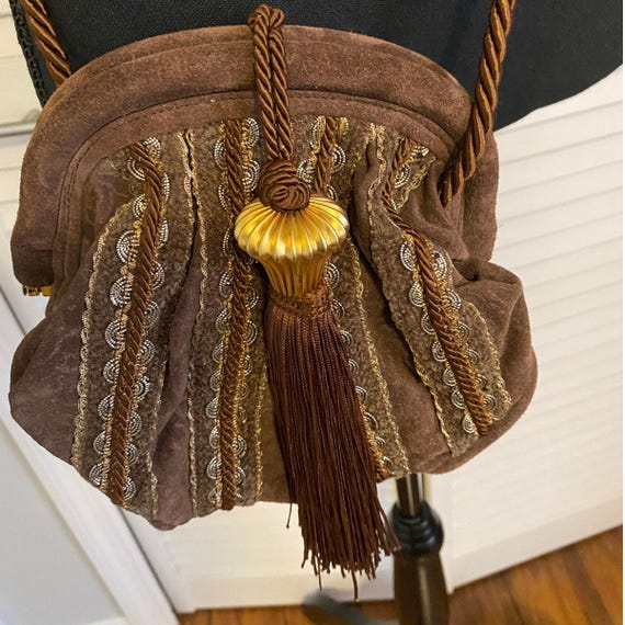 BRIZZOLARI Brown SUEDE Leather CROSSBODY Tassel Purse Made in Italy