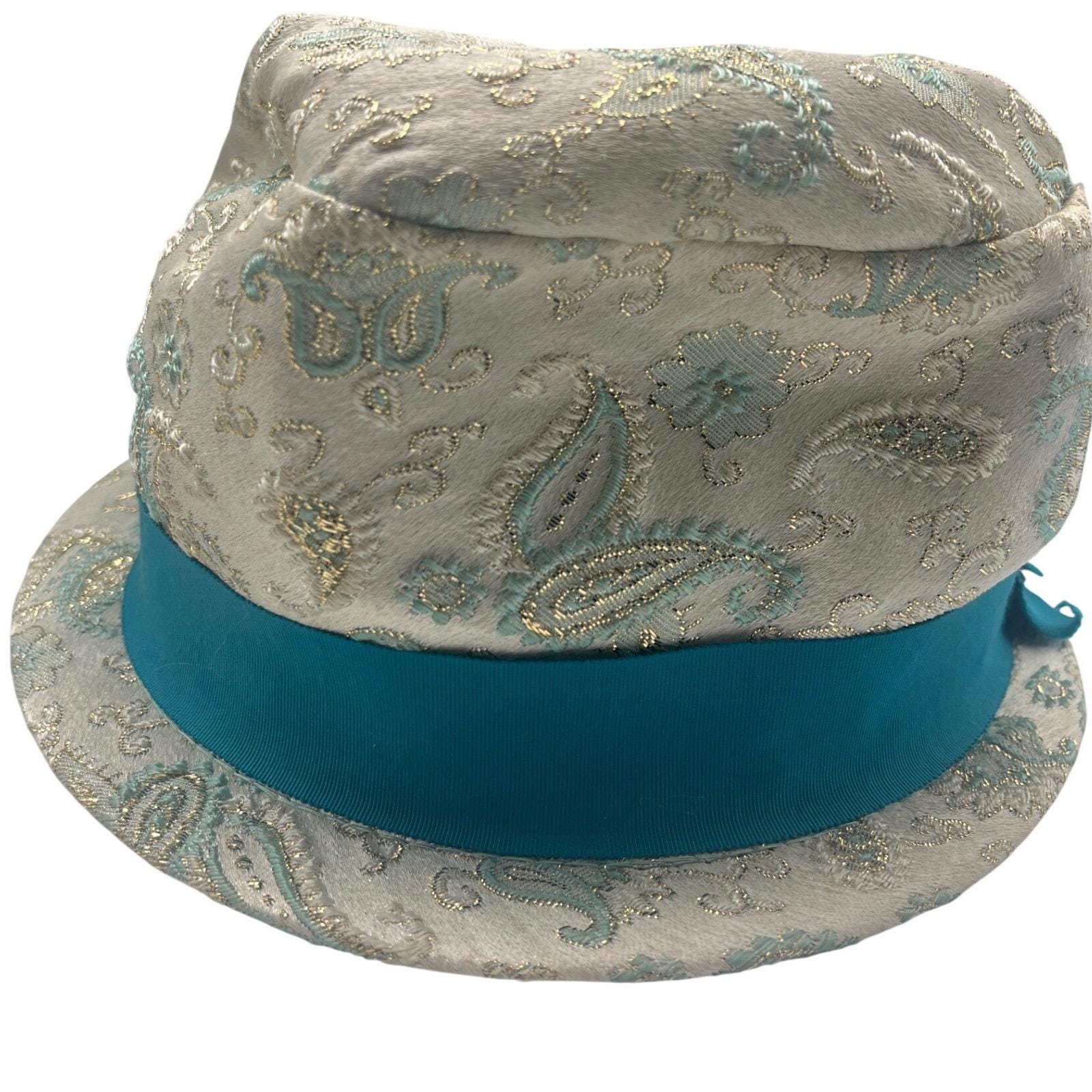 Vintage Cloche Bucket Hat‎ Cream Teal Paisley 40\'s pasadena USA Vintage Cloche Bucket Hat Cream Teal Paisley 40 main image 2