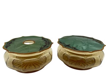 Art Deco Amber Glass Vanity Jar Set with Green Celluloid Lids