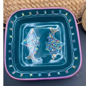 Rare Le Souk Ceramics Square Serving Bowl made in Tunisia Fish Design Colorful