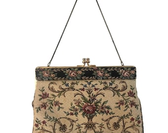 Vintage 1950 Floral Tapestry Design Purse West Germany Serpentine chain