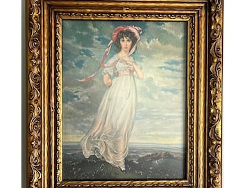 Lámina artística vintage enmarcada en dorado, "Pinkie", de Thomas Lawrence, obra maestra inglesa.