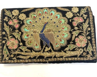 1930s Art Deco Metallic Silver Tinsel Rose Embroidered Black Royal Velvet Clutch