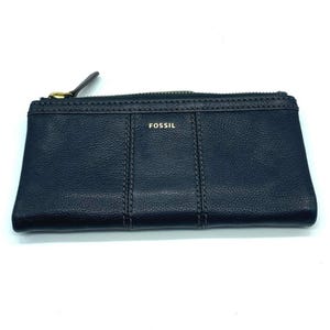 Carteira de couro preto granulado Fossil com zíper e bolso com fecho de pressão Bi fold