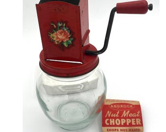 Vintage Hazel Atlas Red Floral Hand Crank Glass Nut Grinder Kitchen Jar 1940s