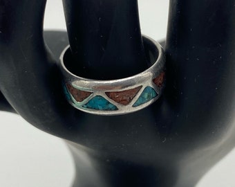 Navajo 925 sterling zilveren band met natuurlijk turkoois en koraalchips