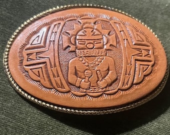 Oval Hand-tooled Leather Kachina Belt Buckle southwestern 70s Cowboy
