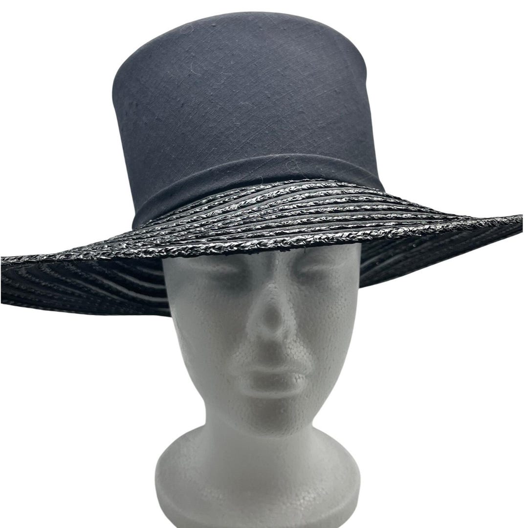 Vintage Marche Exclusive Black Wide Brim Hat Tall Crown Straw Mesh Bow 22 1/2 in Vintage Marche Exclusive Black Wide Brim Hat Tall Crown  main image 3