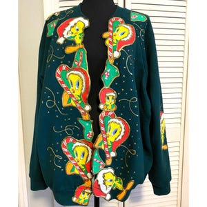 Suéter navideño vintage hecho a mano con pintura hinchada, sudadera, chaqueta, pájaro de dibujos animados