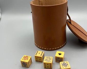 Set Of 5 Vintage Bakelite Dice Tan Leather Stitched Dice Cup