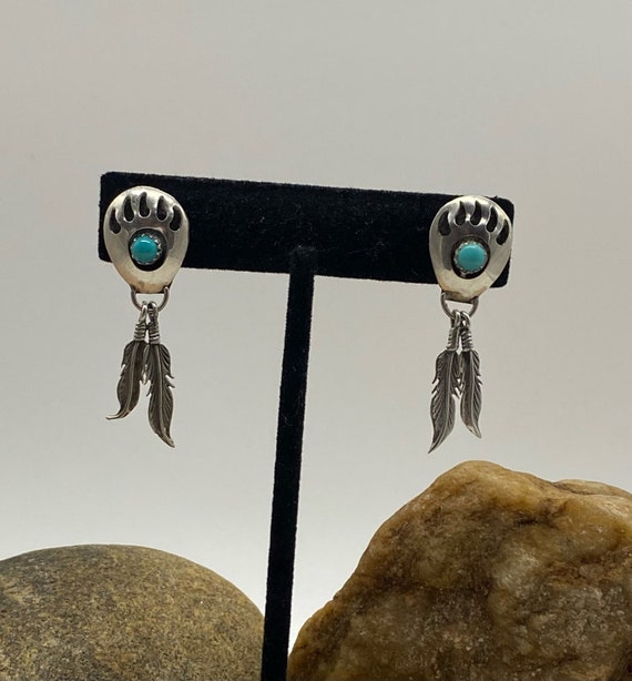 Sterling silver bear paw and feather earrings