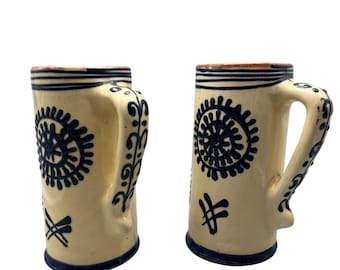 Vintage Folk Art Pottery Romania Pair of MugsCream Navy
