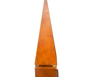 Vintage Burl Wood Obelisk Statue with Brass Ball Accents Regency Decor 18 Inch