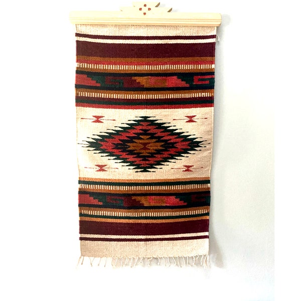 Zapotec Rug traditional Diamond Handmade dyed wool with Wood Hanger included