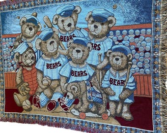 Goodwin Weavers Cotton Throw Afghan Fringe Bears Baseball Woven
