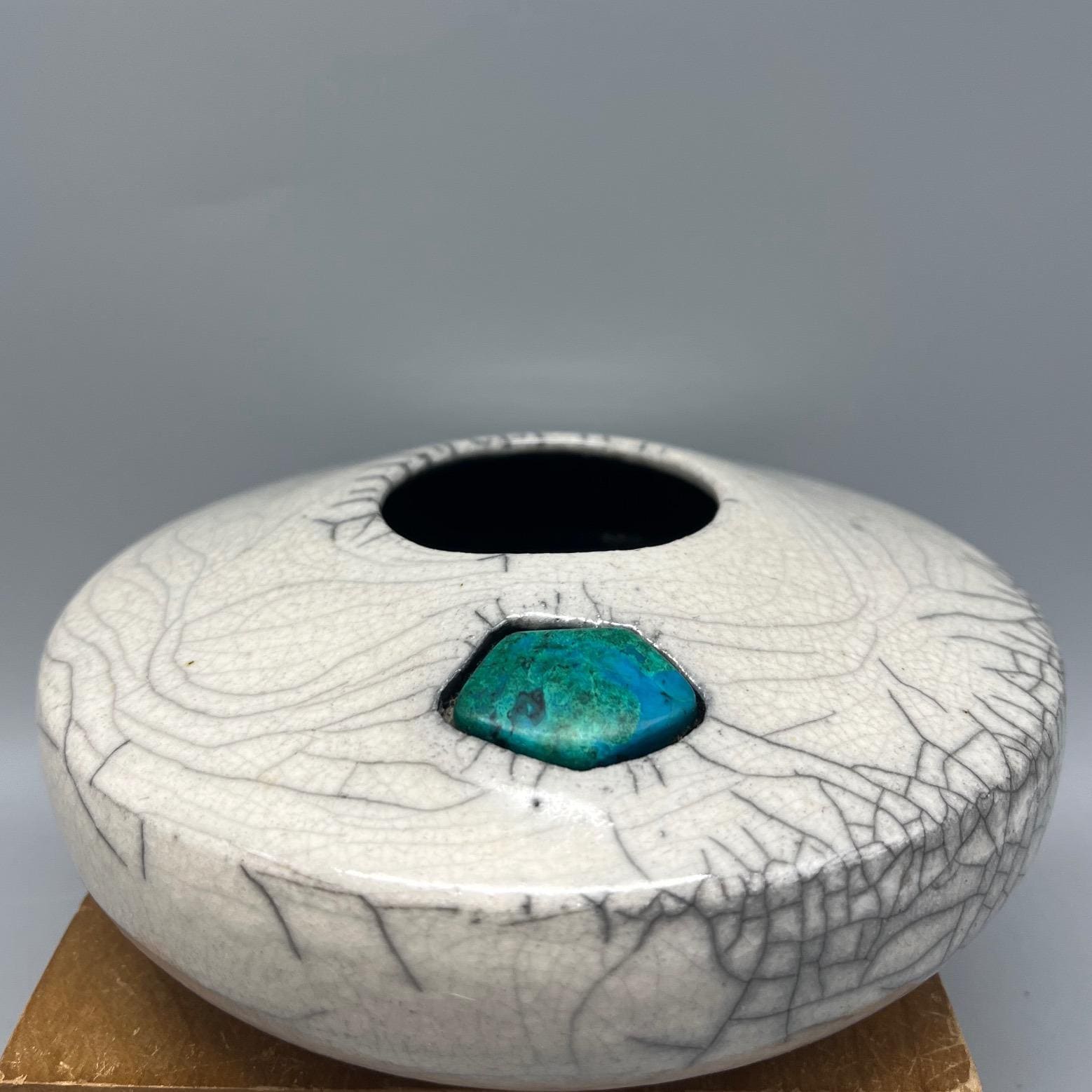 Vtg Raku Pottery Handcrafted Crackle Glaze W/turquoise Lynn