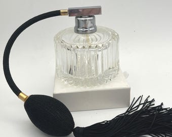 Vintage Cut Glas Parfüm Flasche Zerstäuber Schwarz Quaste Chrom Pump klar Runde