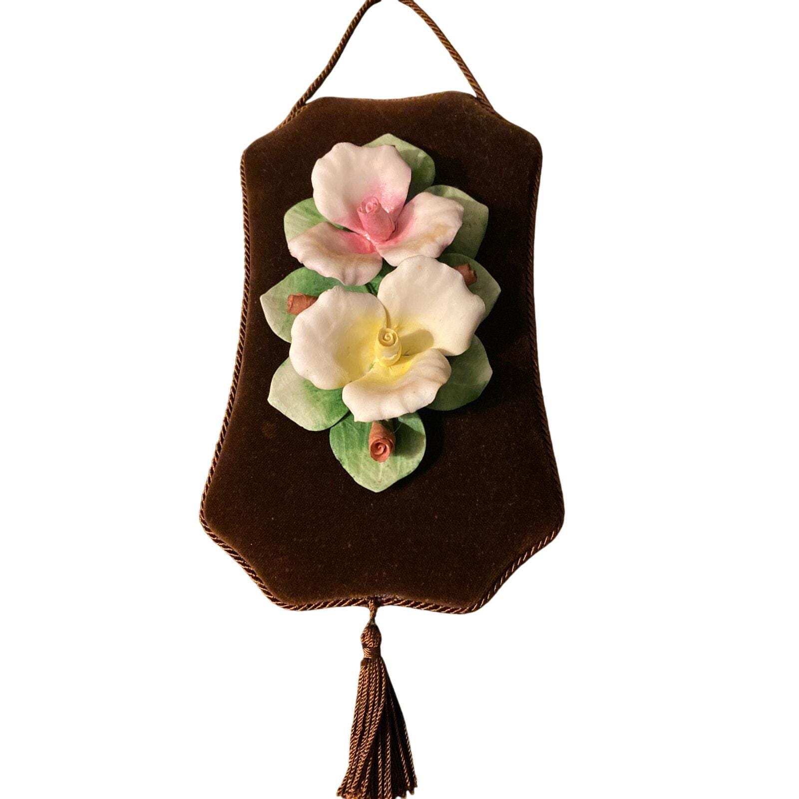 Vintage Mid Century Italian Porcelain 3D Roses Velvet Plaque