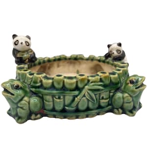 Vtg Ceramic FF Fisherman Fortune Panda Frog Bamboo Planter Mid century Majolica