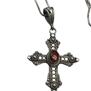 Sterling Cross Ornate FNA Dark Red Stone 925 Pendant Necklace 16inch Italy