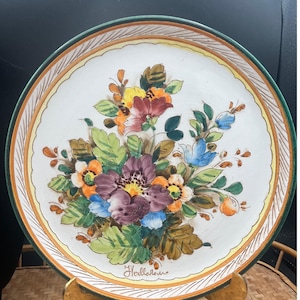 Vintage handgjord Sgraffito italiensk keramik Redware tallrik Majolica Blommor