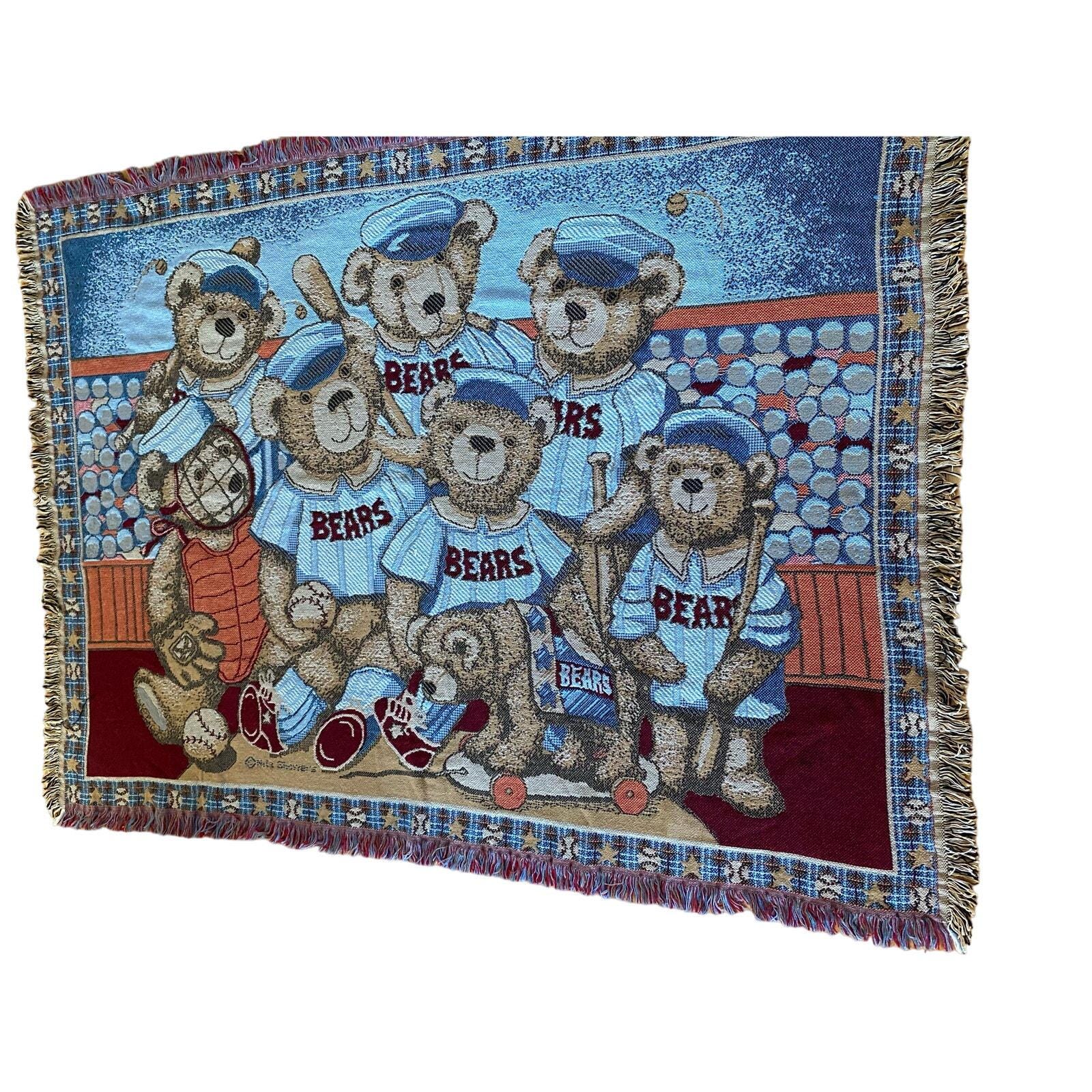 デッドストックGOODWIN WEAVERS コットン100%127×173cm Goodwin Weavers Cotton Throw Afghan Fringe Bears Baseball Woven