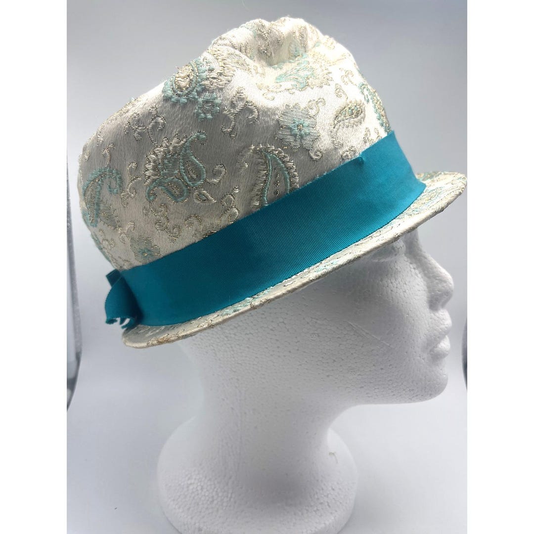 Vintage Cloche Bucket Hat‎ Cream Teal Paisley 40\'s pasadena USA Vintage Cloche Bucket Hat Cream Teal Paisley 40 main image 3