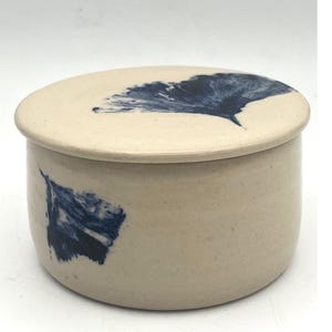 Handmade Stoneware Butter Bell Crock Blue Ginkgo Leaf Cream studio Pottery
