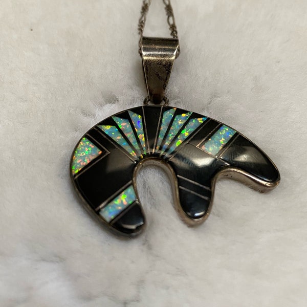 Native American Sterling Silver Navajo. Black onyx opal inlay Double sided Bear Pendant