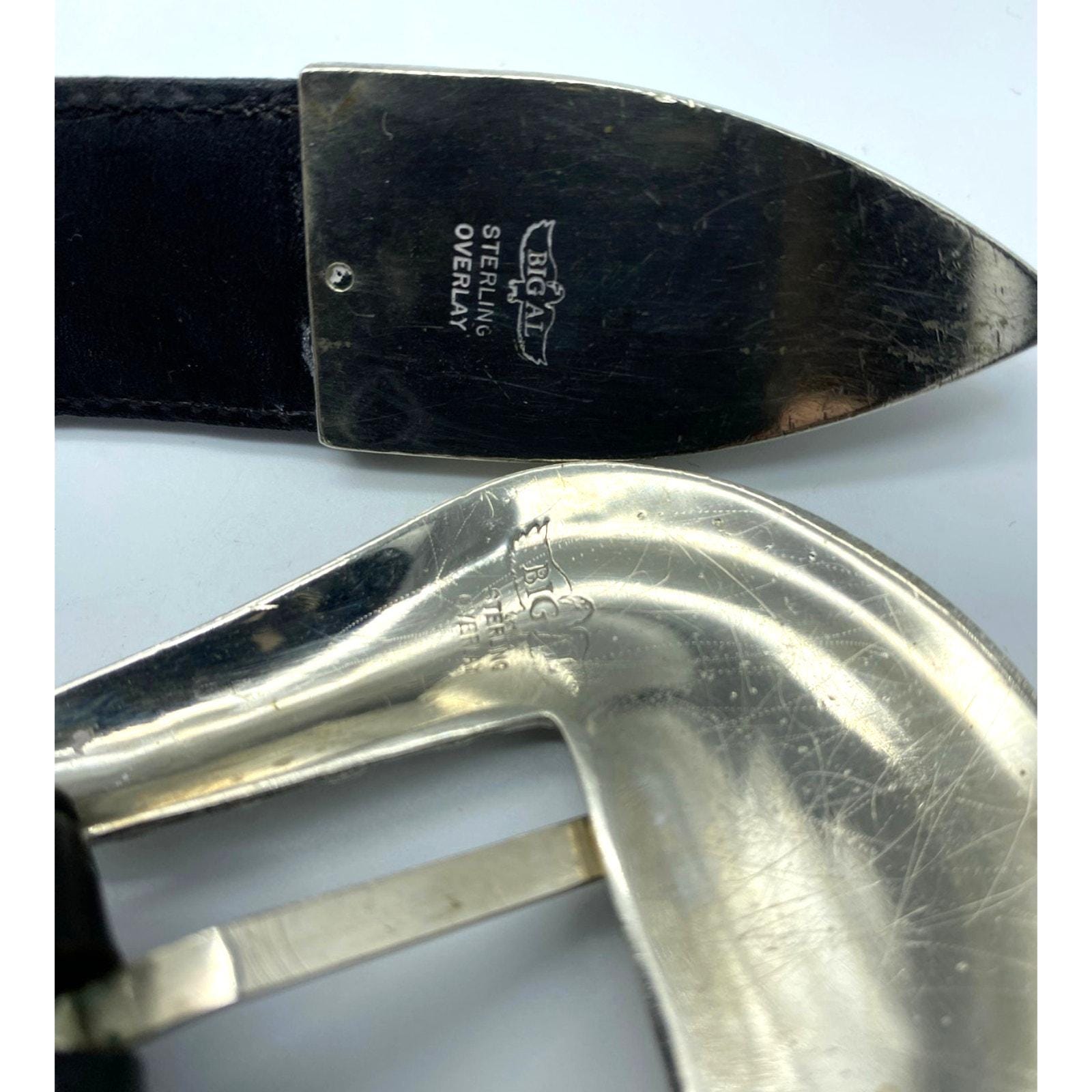 Vtg. Al Beres Leather Large Buckle Western Belt ?31 Al Beres 80s Black Reptile Western Belt with Abalone Buckle  main image 4
