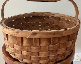 Cesta grande vintage para cosechar, hecha de tablillas, con mango de madera tallada de 45 cm (18 pulgadas).