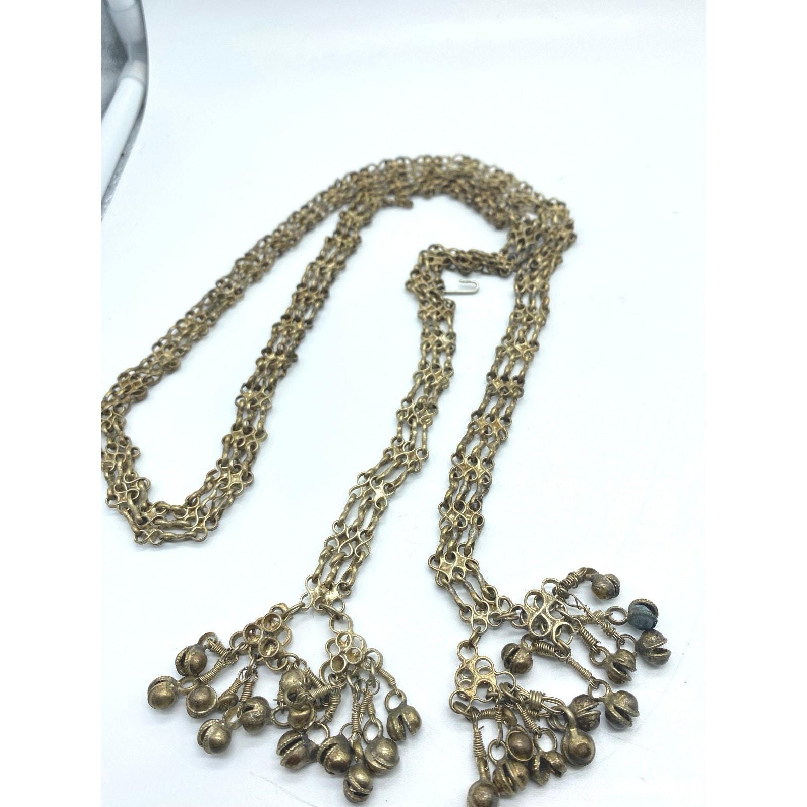 Vintage Brass Bell Tassel‎ Chain Belt Triple Strand Boho Tribal Ethnic Lariat New Arrival ! 1970S BRASS PADDLE FRINGE STATEMENT NECKLACE  main image 3