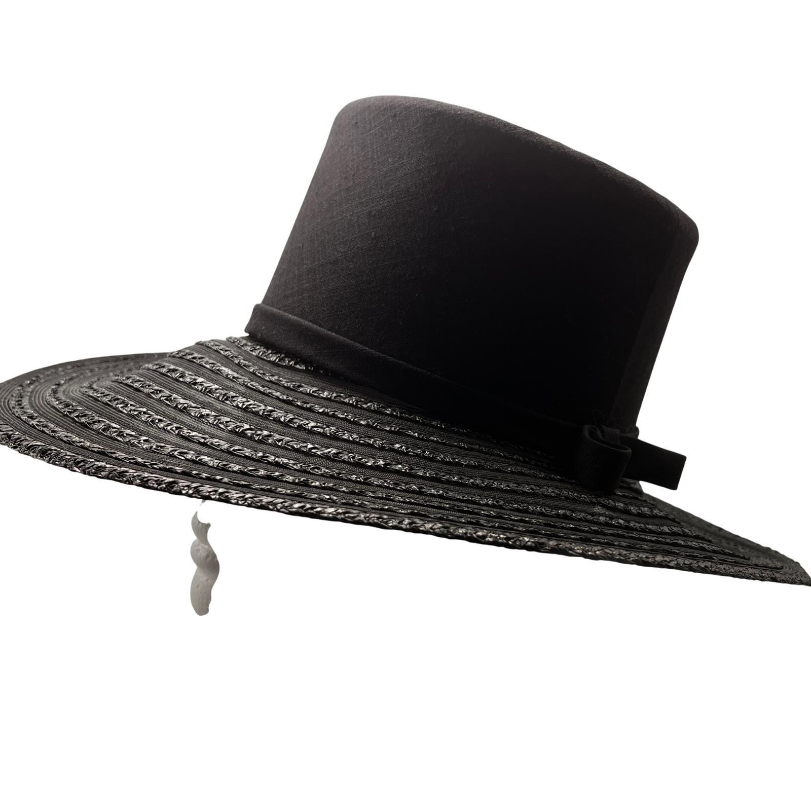 Vintage Marche Exclusive Black Wide Brim Hat Tall Crown Straw Mesh Bow 22 1/2 in Vintage Marche Exclusive Black Wide Brim Hat Tall Crown  main image 2